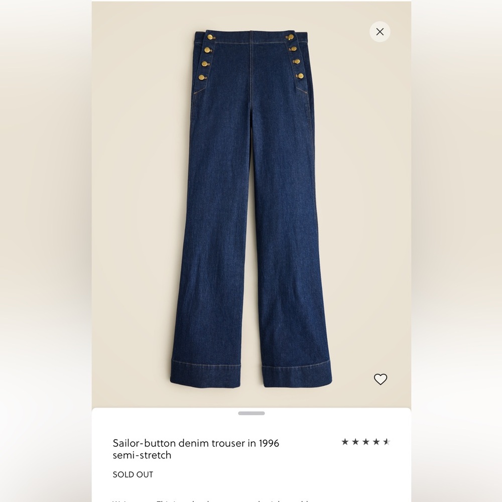 J.Crew Sailor Button Denim Trousers | High-Rise Wide Leg | Dark Wash